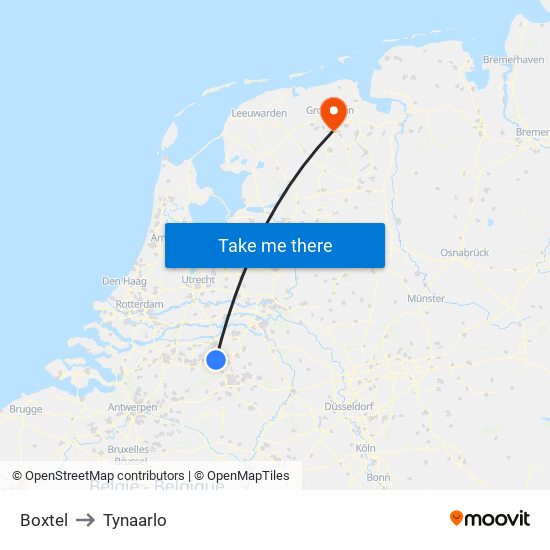 Boxtel to Tynaarlo map