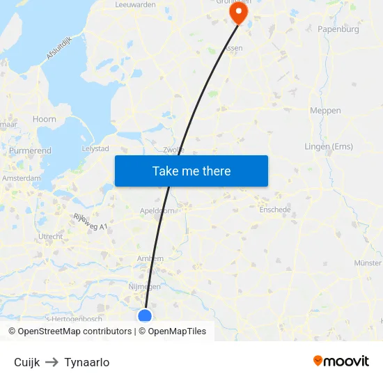 Cuijk to Tynaarlo map