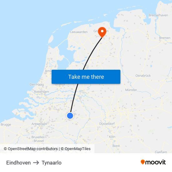 Eindhoven to Tynaarlo map