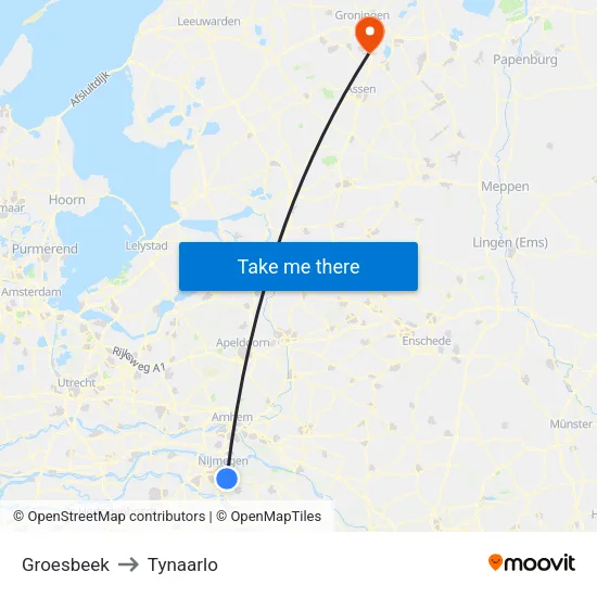 Groesbeek to Tynaarlo map