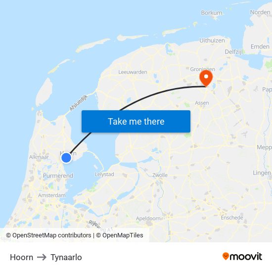 Hoorn to Tynaarlo map