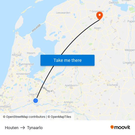 Houten to Tynaarlo map