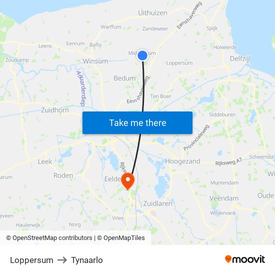 Loppersum to Tynaarlo map