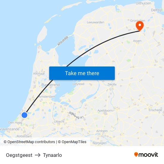 Oegstgeest to Tynaarlo map