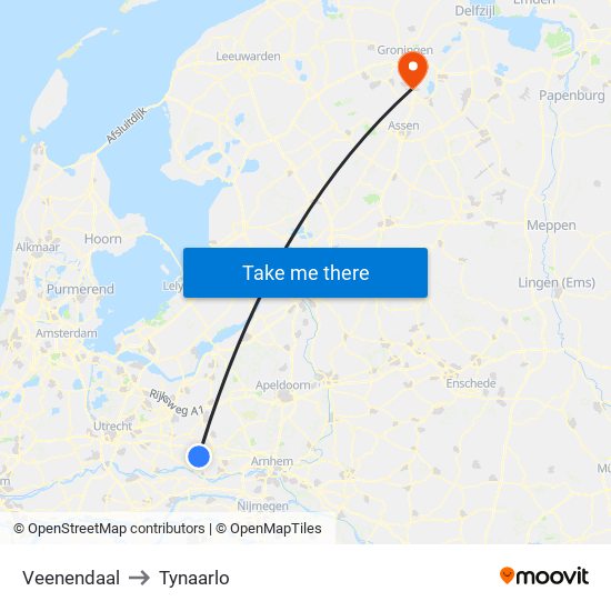 Veenendaal to Tynaarlo map