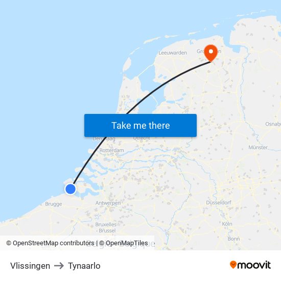 Vlissingen to Tynaarlo map