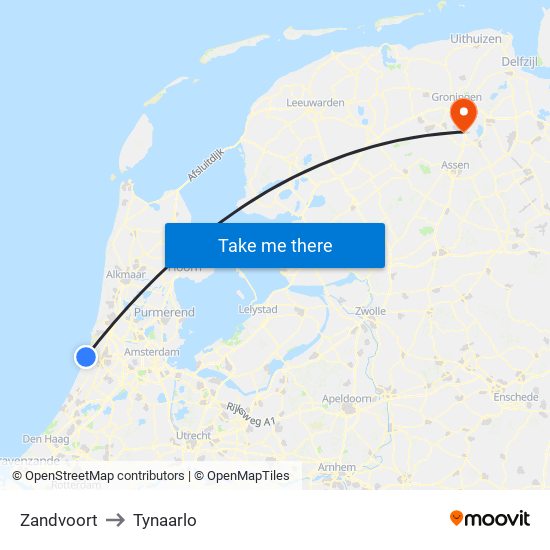 Zandvoort to Tynaarlo map