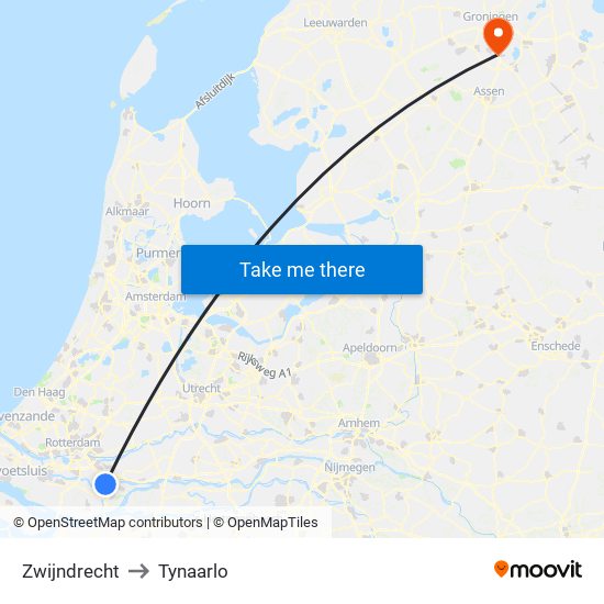 Zwijndrecht to Tynaarlo map