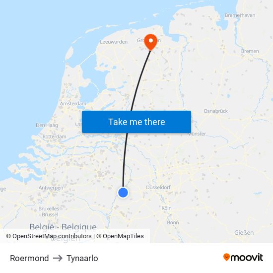 Roermond to Tynaarlo map