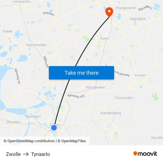 Zwolle to Tynaarlo map