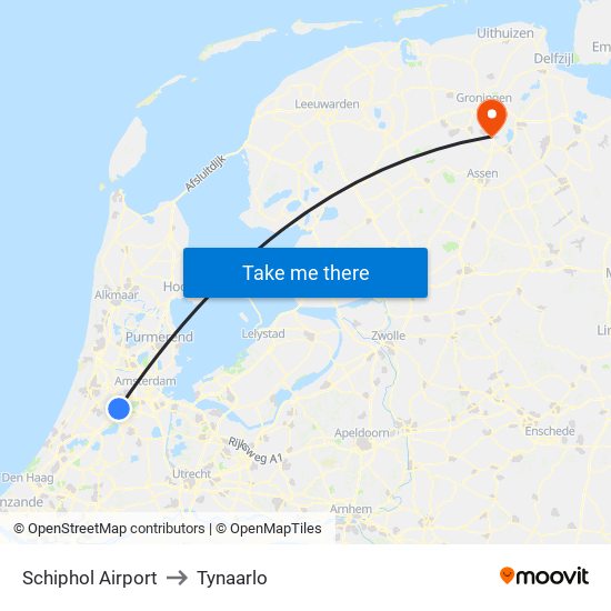 Schiphol Airport to Tynaarlo map