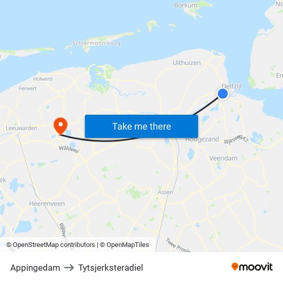 Appingedam to Tytsjerksteradiel map