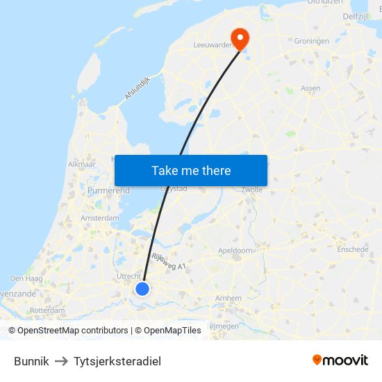 Bunnik to Tytsjerksteradiel map