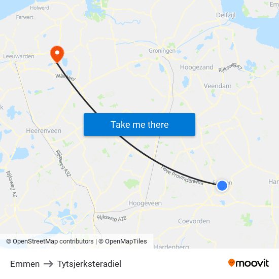 Emmen to Tytsjerksteradiel map