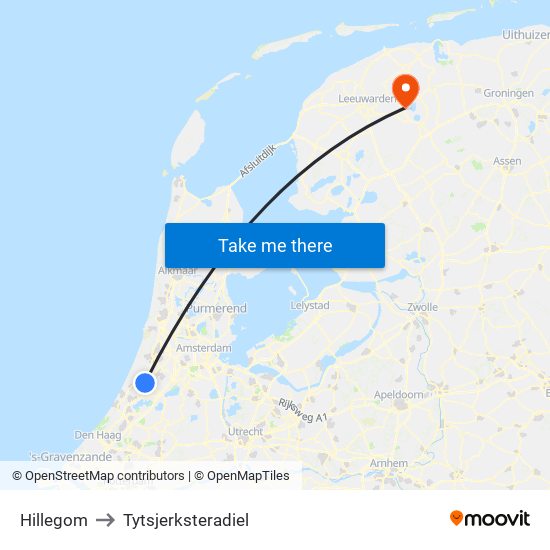 Hillegom to Tytsjerksteradiel map