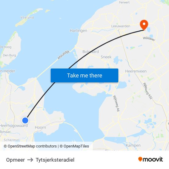 Opmeer to Tytsjerksteradiel map