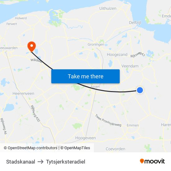 Stadskanaal to Tytsjerksteradiel map