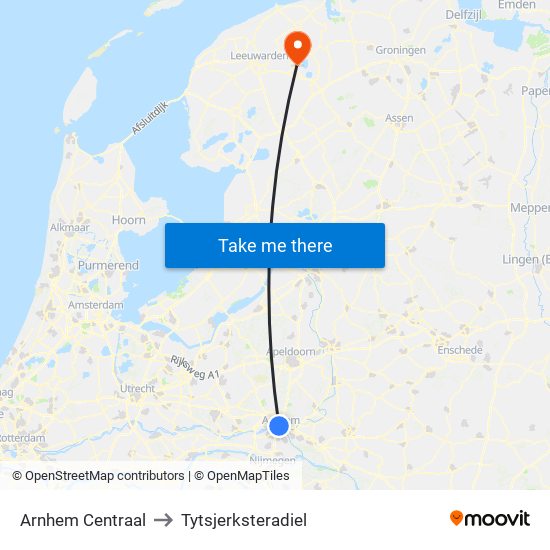 Arnhem Centraal to Tytsjerksteradiel map