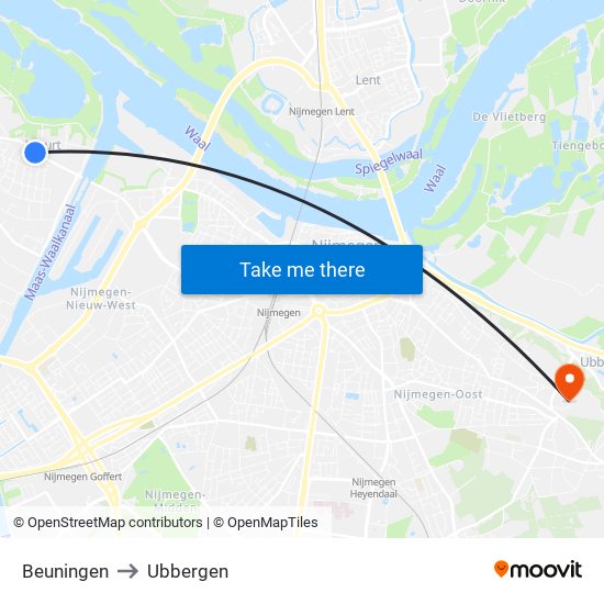 Beuningen to Ubbergen map