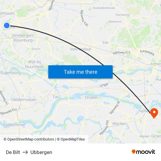 De Bilt to Ubbergen map