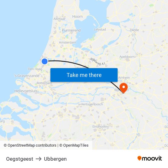 Oegstgeest to Ubbergen map