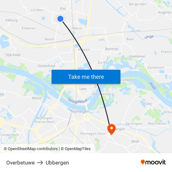 Overbetuwe to Ubbergen map