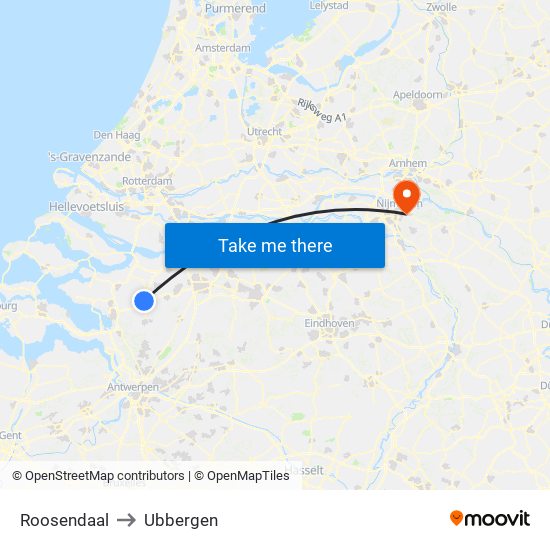 Roosendaal to Ubbergen map