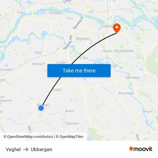 Veghel to Ubbergen map