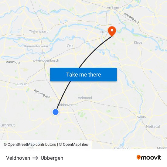 Veldhoven to Ubbergen map