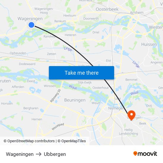 Wageningen to Ubbergen map