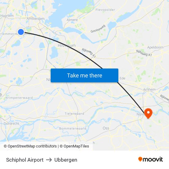 Schiphol Airport to Ubbergen map