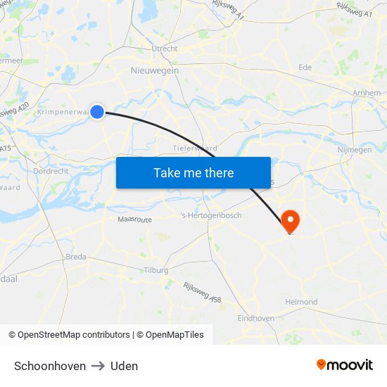 Schoonhoven to Uden map