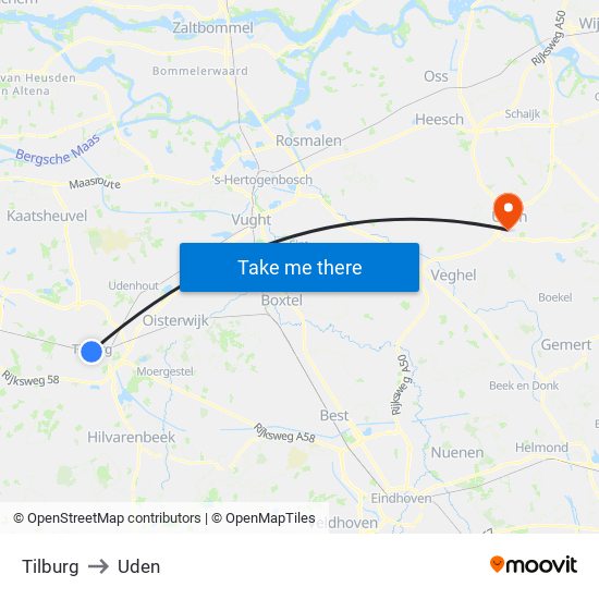 Tilburg to Uden map