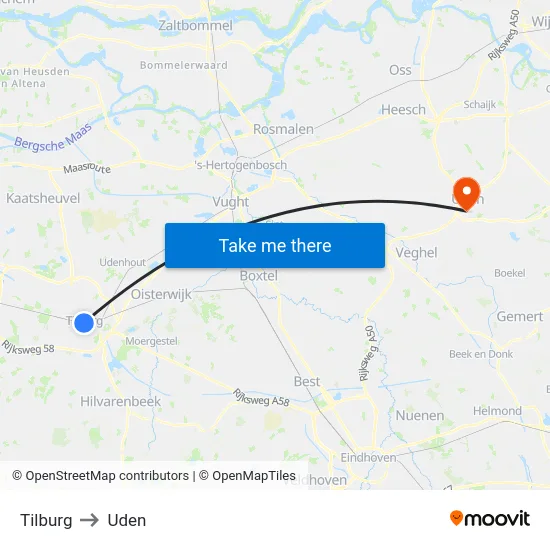 Tilburg to Uden map