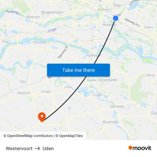 Westervoort to Uden map