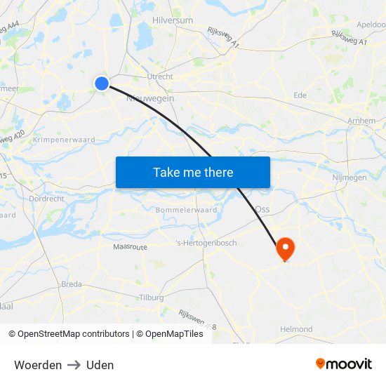 Woerden to Uden map