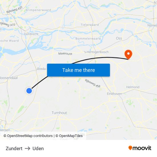 Zundert to Uden map