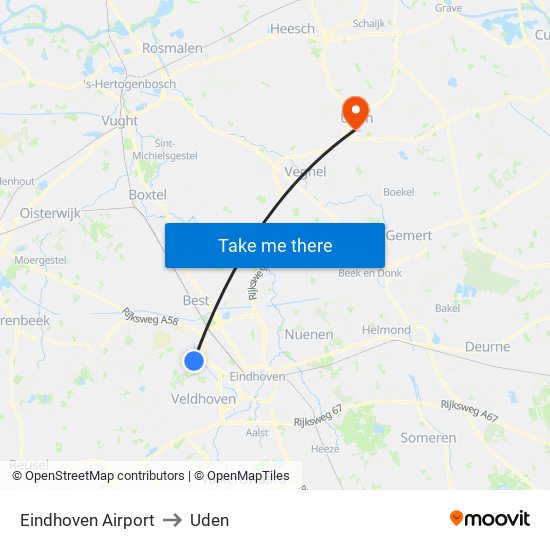 Eindhoven Airport to Uden map