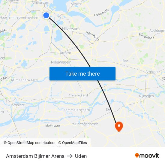 Amsterdam Bijlmer Arena to Uden map