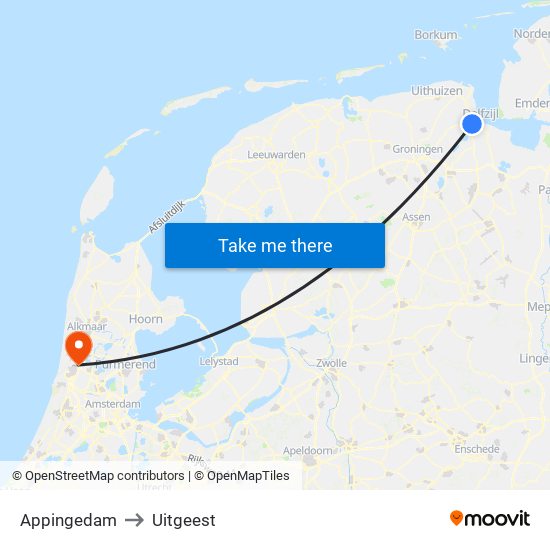 Appingedam to Uitgeest map