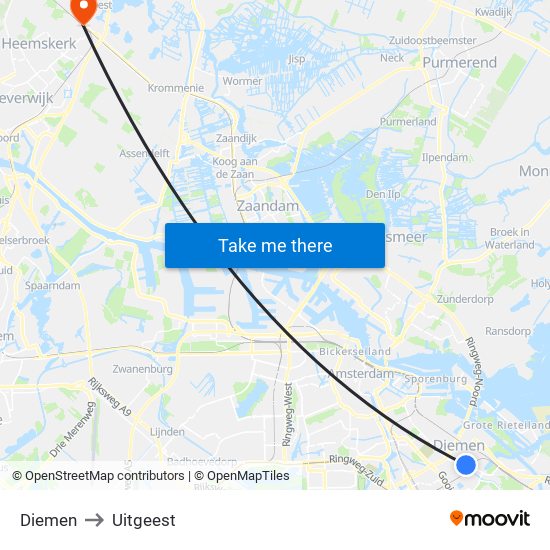 Diemen to Uitgeest map