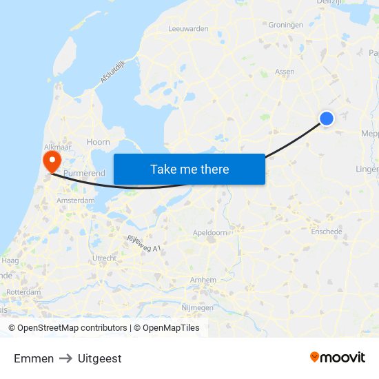 Emmen to Uitgeest map