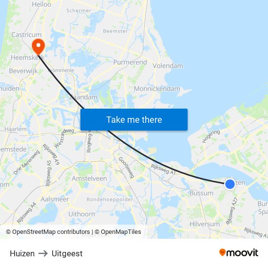 Huizen to Uitgeest map
