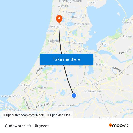 Oudewater to Uitgeest map