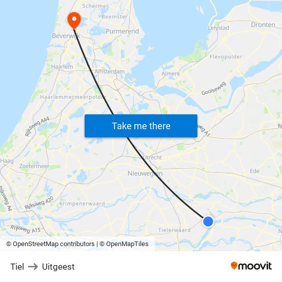 Tiel to Uitgeest map