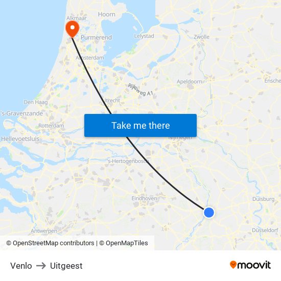 Venlo to Uitgeest map