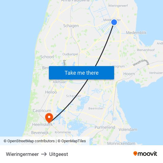 Wieringermeer to Uitgeest map