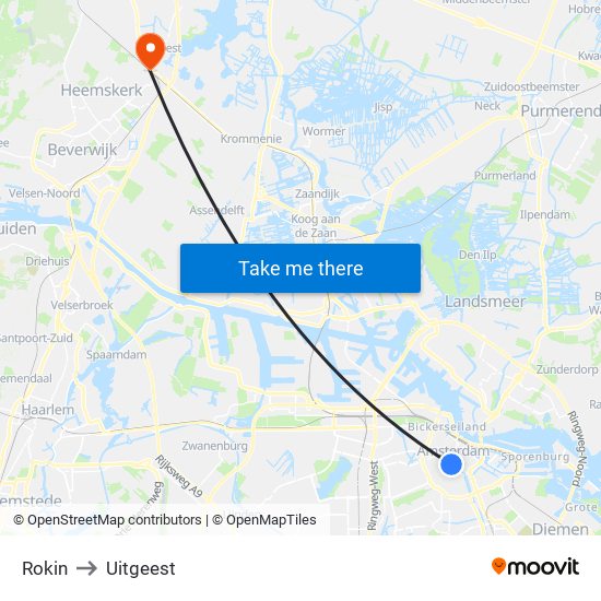 Rokin to Uitgeest map