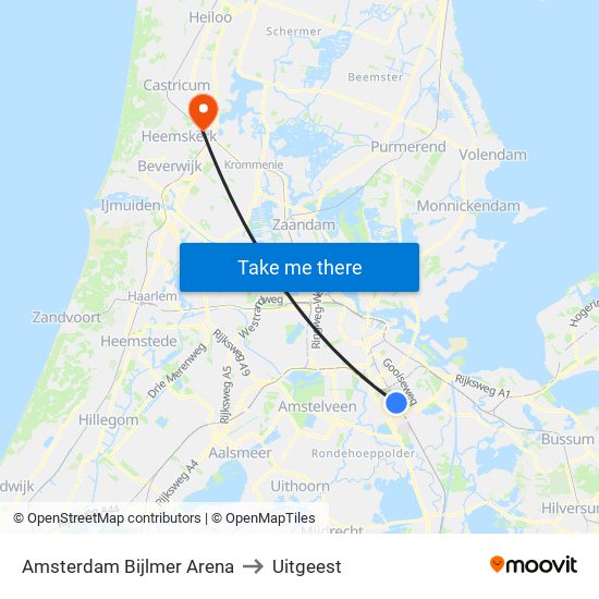Amsterdam Bijlmer Arena to Uitgeest map