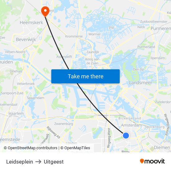 Leidseplein to Uitgeest map